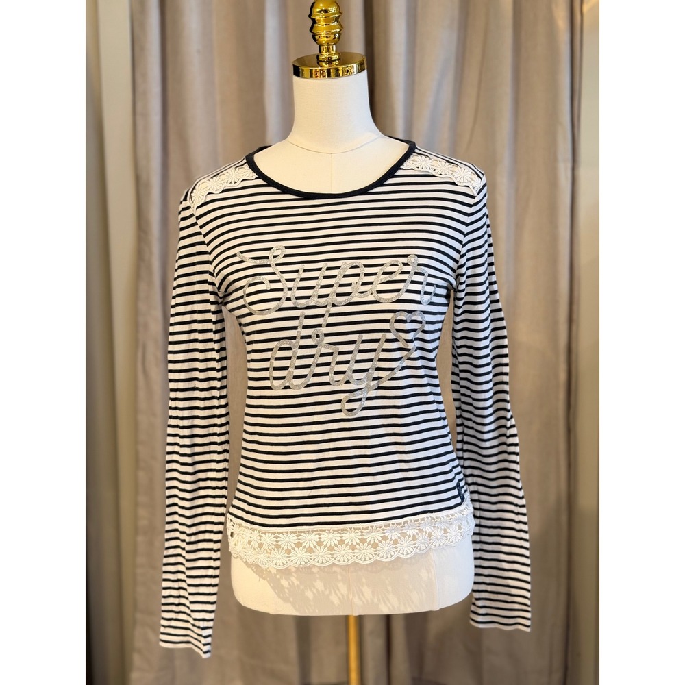 Superdry Boutique Women Striped Long Sleeve Top Lace Trim Silver Logo Navy White